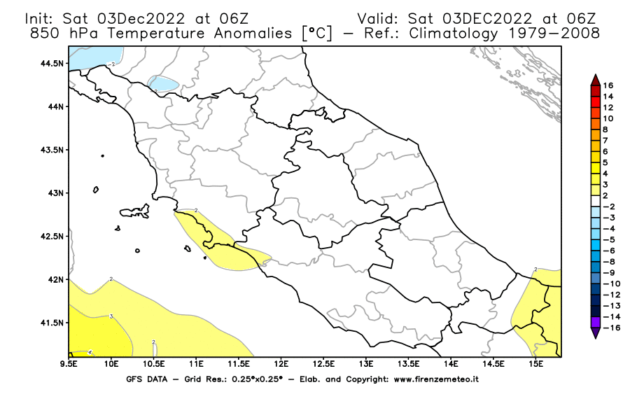 Mappa di analisi GFS - Anomalia Temperatura [°C] a 850 hPa in Centro-Italia
							del 03/12/2022 06 <!--googleoff: index-->UTC<!--googleon: index-->