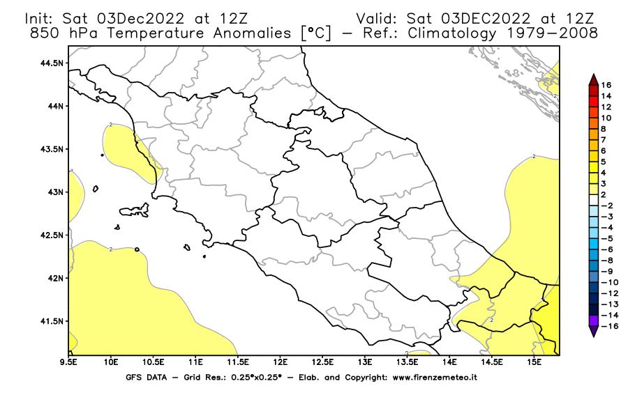Mappa di analisi GFS - Anomalia Temperatura [°C] a 850 hPa in Centro-Italia
							del 03/12/2022 12 <!--googleoff: index-->UTC<!--googleon: index-->