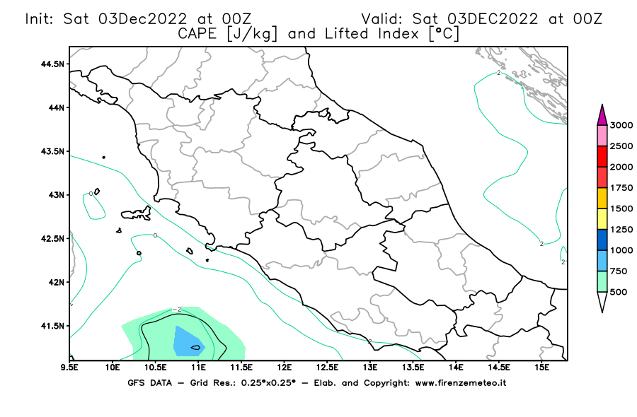Mappa di analisi GFS - CAPE [J/kg] e Lifted Index [°C] in Centro-Italia
							del 03/12/2022 00 <!--googleoff: index-->UTC<!--googleon: index-->