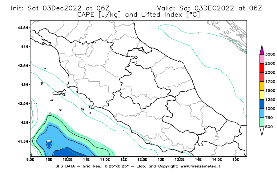 Mappa di analisi GFS - CAPE [J/kg] e Lifted Index [°C] in Centro-Italia
							del 03/12/2022 06 <!--googleoff: index-->UTC<!--googleon: index-->