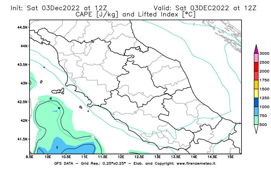 Mappa di analisi GFS - CAPE [J/kg] e Lifted Index [°C] in Centro-Italia
							del 03/12/2022 12 <!--googleoff: index-->UTC<!--googleon: index-->