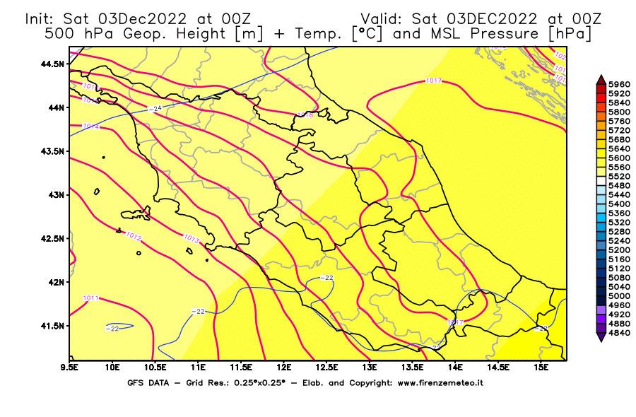 Mappa di analisi GFS - Geopotenziale [m] + Temp. [°C] a 500 hPa + Press. a livello del mare [hPa] in Centro-Italia
							del 03/12/2022 00 <!--googleoff: index-->UTC<!--googleon: index-->