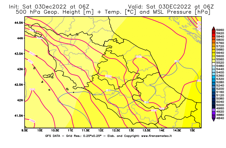 Mappa di analisi GFS - Geopotenziale [m] + Temp. [°C] a 500 hPa + Press. a livello del mare [hPa] in Centro-Italia
							del 03/12/2022 06 <!--googleoff: index-->UTC<!--googleon: index-->