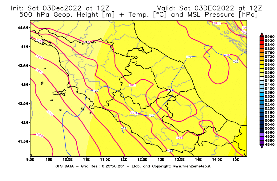 Mappa di analisi GFS - Geopotenziale [m] + Temp. [°C] a 500 hPa + Press. a livello del mare [hPa] in Centro-Italia
							del 03/12/2022 12 <!--googleoff: index-->UTC<!--googleon: index-->