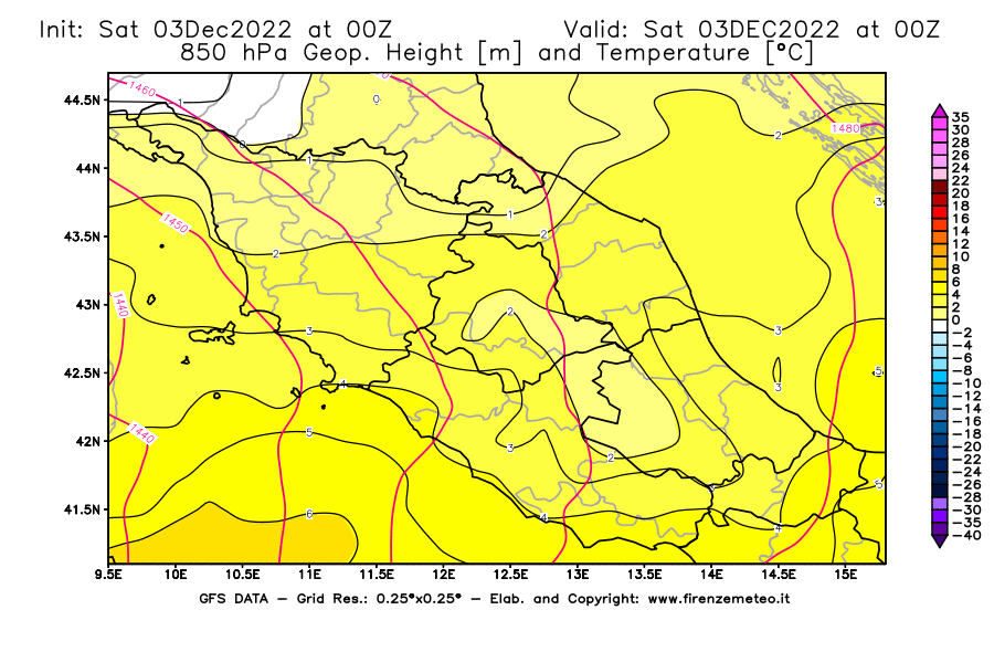 Mappa di analisi GFS - Geopotenziale [m] e Temperatura [°C] a 850 hPa in Centro-Italia
							del 03/12/2022 00 <!--googleoff: index-->UTC<!--googleon: index-->