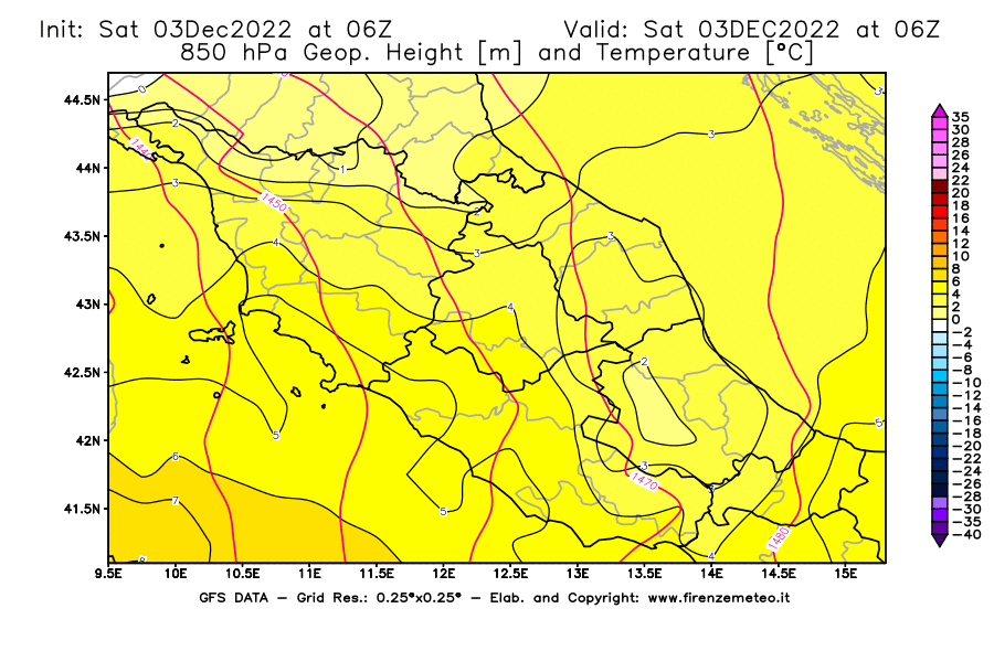 Mappa di analisi GFS - Geopotenziale [m] e Temperatura [°C] a 850 hPa in Centro-Italia
							del 03/12/2022 06 <!--googleoff: index-->UTC<!--googleon: index-->