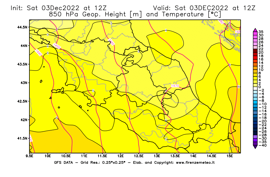Mappa di analisi GFS - Geopotenziale [m] e Temperatura [°C] a 850 hPa in Centro-Italia
							del 03/12/2022 12 <!--googleoff: index-->UTC<!--googleon: index-->