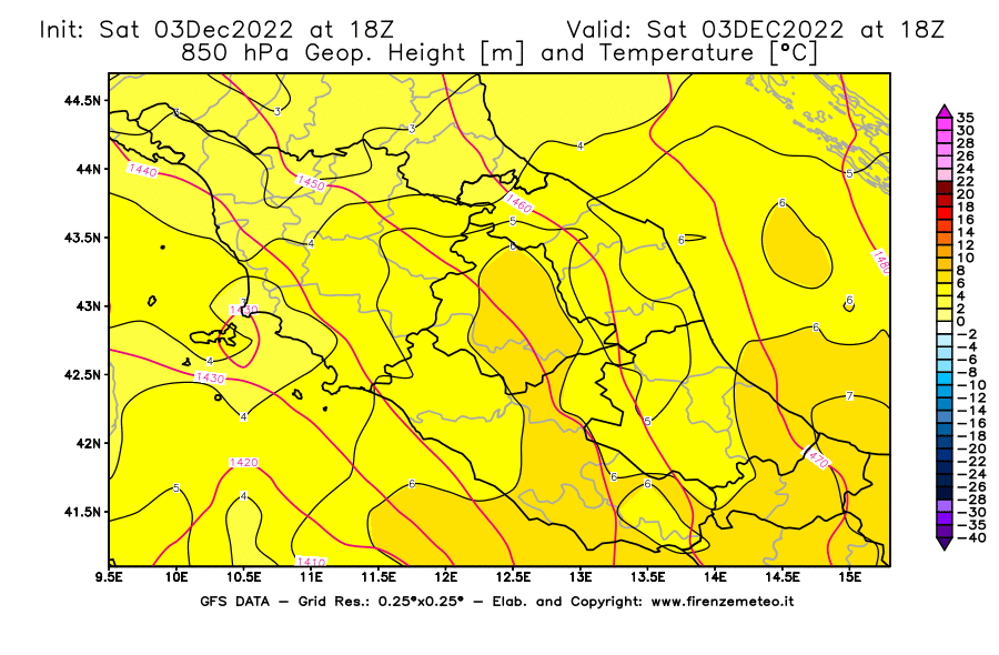 Mappa di analisi GFS - Geopotenziale [m] e Temperatura [°C] a 850 hPa in Centro-Italia
							del 03/12/2022 18 <!--googleoff: index-->UTC<!--googleon: index-->