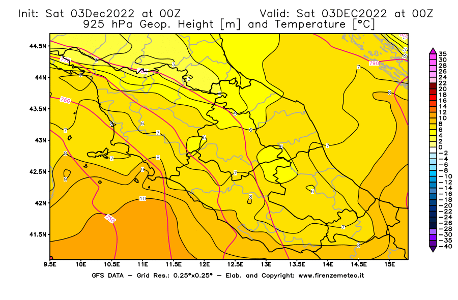 Mappa di analisi GFS - Geopotenziale [m] e Temperatura [°C] a 925 hPa in Centro-Italia
							del 03/12/2022 00 <!--googleoff: index-->UTC<!--googleon: index-->