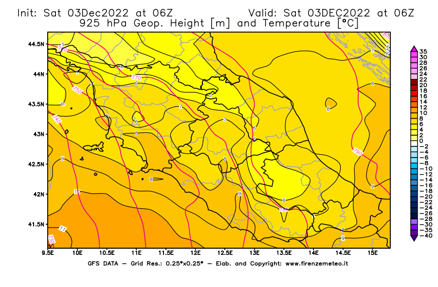 Mappa di analisi GFS - Geopotenziale [m] e Temperatura [°C] a 925 hPa in Centro-Italia
							del 03/12/2022 06 <!--googleoff: index-->UTC<!--googleon: index-->