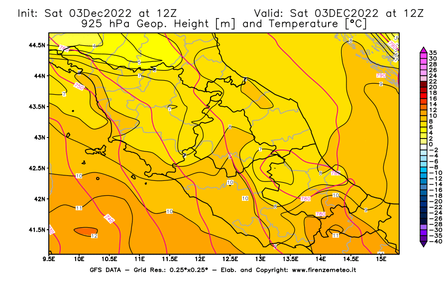 Mappa di analisi GFS - Geopotenziale [m] e Temperatura [°C] a 925 hPa in Centro-Italia
							del 03/12/2022 12 <!--googleoff: index-->UTC<!--googleon: index-->
