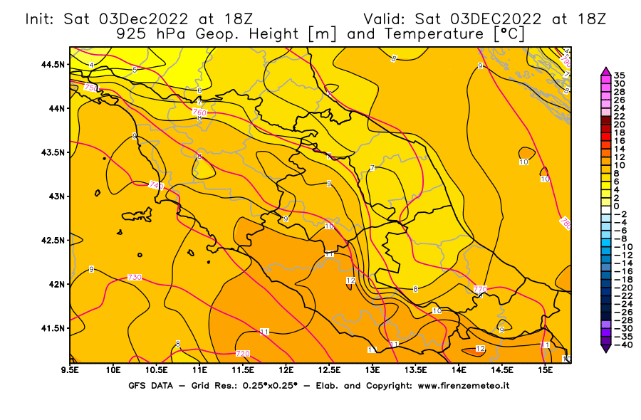 Mappa di analisi GFS - Geopotenziale [m] e Temperatura [°C] a 925 hPa in Centro-Italia
							del 03/12/2022 18 <!--googleoff: index-->UTC<!--googleon: index-->