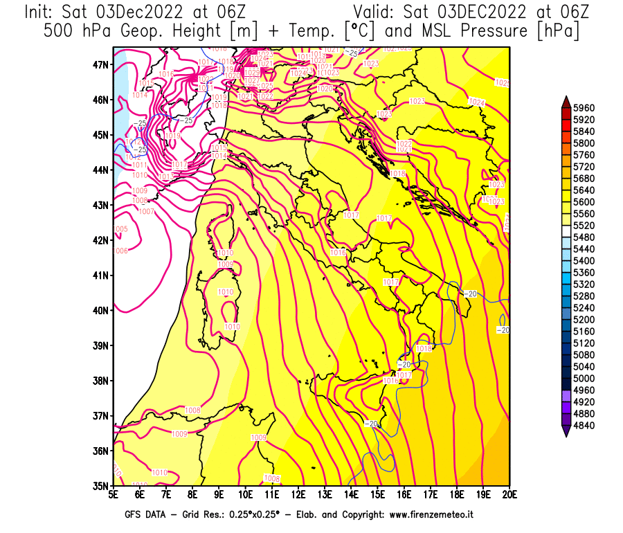 Mappa di analisi GFS - Geopotenziale [m] + Temp. [°C] a 500 hPa + Press. a livello del mare [hPa] in Italia
							del 03/12/2022 06 <!--googleoff: index-->UTC<!--googleon: index-->