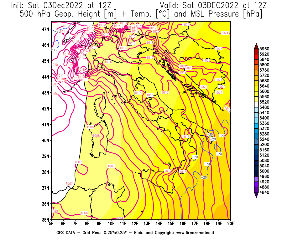 Mappa di analisi GFS - Geopotenziale [m] + Temp. [°C] a 500 hPa + Press. a livello del mare [hPa] in Italia
							del 03/12/2022 12 <!--googleoff: index-->UTC<!--googleon: index-->