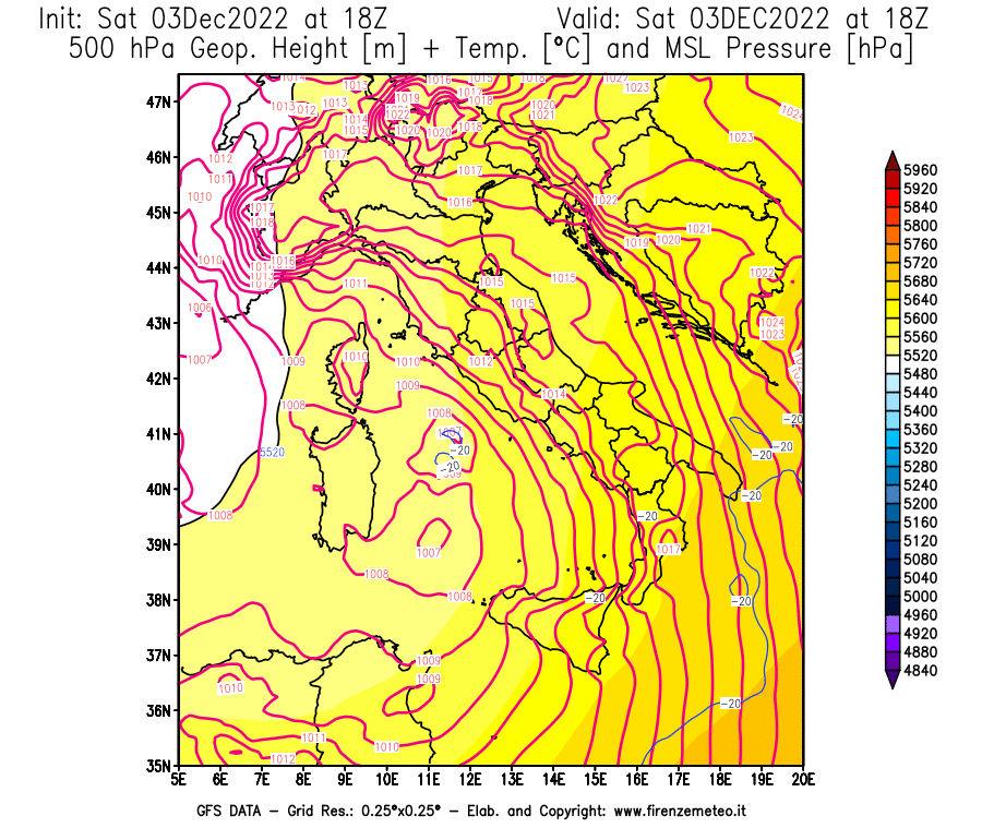 Mappa di analisi GFS - Geopotenziale [m] + Temp. [°C] a 500 hPa + Press. a livello del mare [hPa] in Italia
							del 03/12/2022 18 <!--googleoff: index-->UTC<!--googleon: index-->