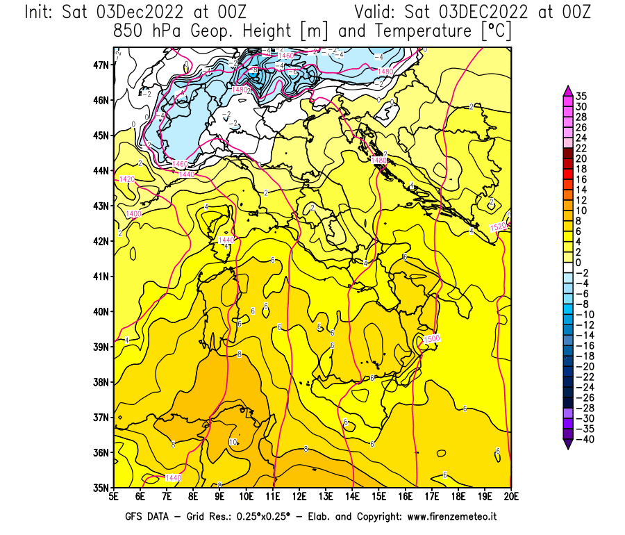 Mappa di analisi GFS - Geopotenziale [m] e Temperatura [°C] a 850 hPa in Italia
							del 03/12/2022 00 <!--googleoff: index-->UTC<!--googleon: index-->