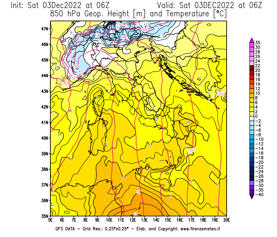Mappa di analisi GFS - Geopotenziale [m] e Temperatura [°C] a 850 hPa in Italia
							del 03/12/2022 06 <!--googleoff: index-->UTC<!--googleon: index-->