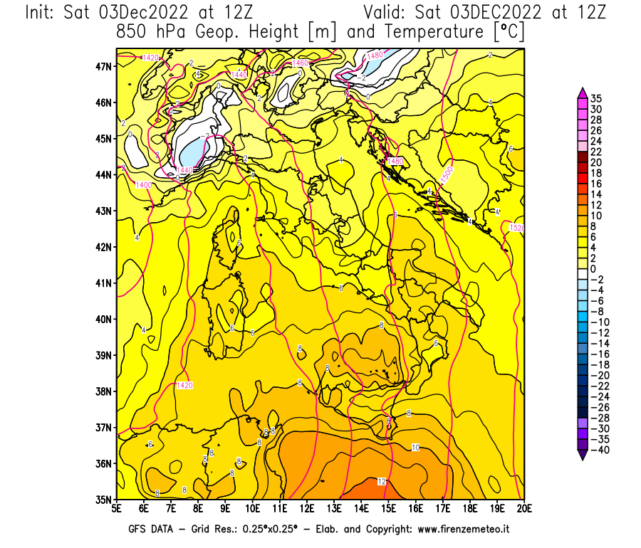 Mappa di analisi GFS - Geopotenziale [m] e Temperatura [°C] a 850 hPa in Italia
							del 03/12/2022 12 <!--googleoff: index-->UTC<!--googleon: index-->