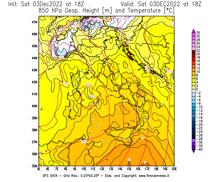 Mappa di analisi GFS - Geopotenziale [m] e Temperatura [°C] a 850 hPa in Italia
							del 03/12/2022 18 <!--googleoff: index-->UTC<!--googleon: index-->