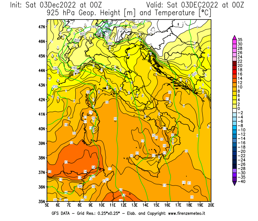 Mappa di analisi GFS - Geopotenziale [m] e Temperatura [°C] a 925 hPa in Italia
							del 03/12/2022 00 <!--googleoff: index-->UTC<!--googleon: index-->