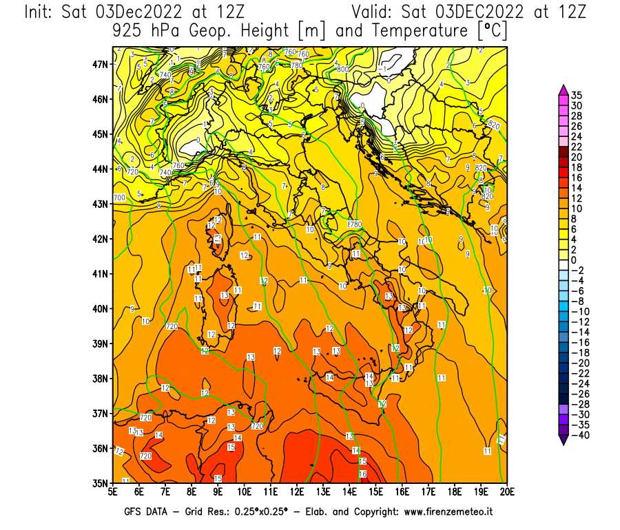 Mappa di analisi GFS - Geopotenziale [m] e Temperatura [°C] a 925 hPa in Italia
							del 03/12/2022 12 <!--googleoff: index-->UTC<!--googleon: index-->