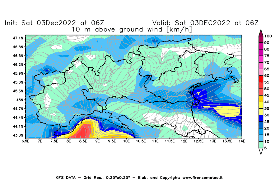 Mappa di analisi GFS - Velocità del vento a 10 metri dal suolo [km/h] in Nord-Italia
							del 03/12/2022 06 <!--googleoff: index-->UTC<!--googleon: index-->