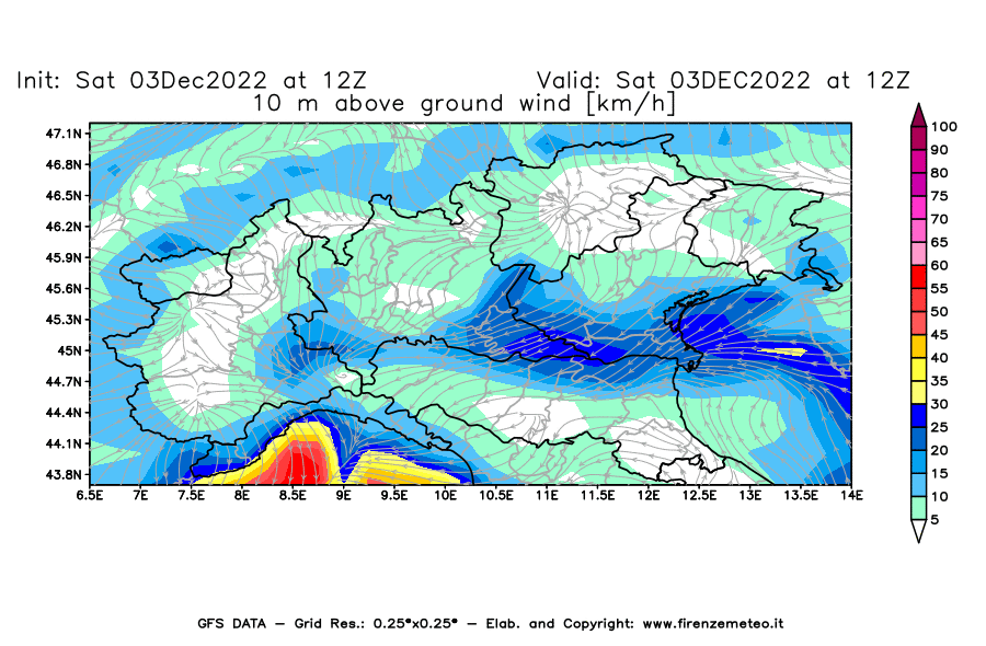 Mappa di analisi GFS - Velocità del vento a 10 metri dal suolo [km/h] in Nord-Italia
							del 03/12/2022 12 <!--googleoff: index-->UTC<!--googleon: index-->