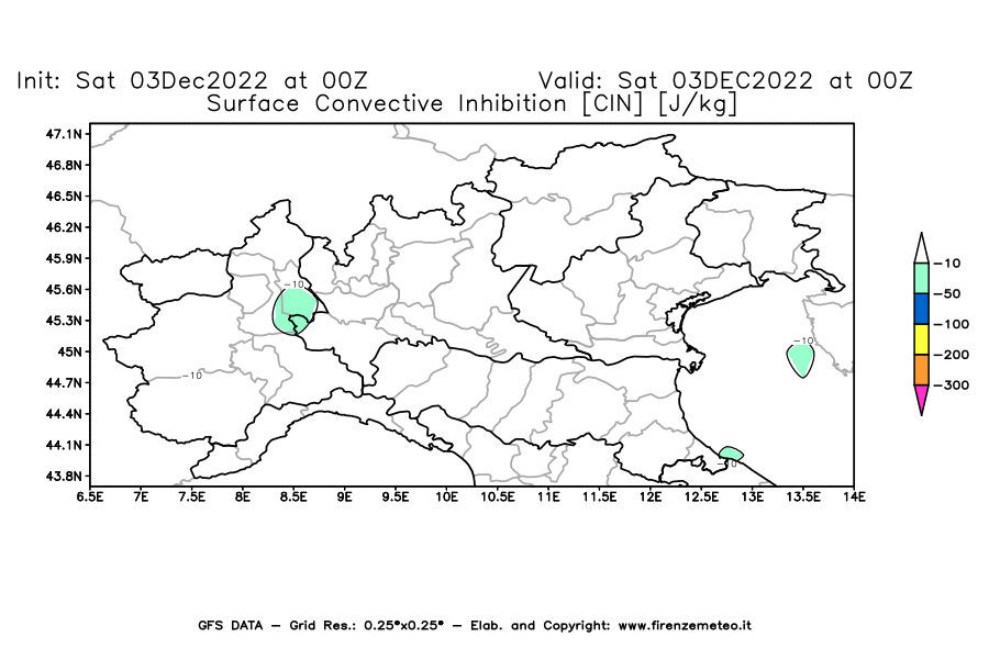 Mappa di analisi GFS - CIN [J/kg] in Nord-Italia
							del 03/12/2022 00 <!--googleoff: index-->UTC<!--googleon: index-->