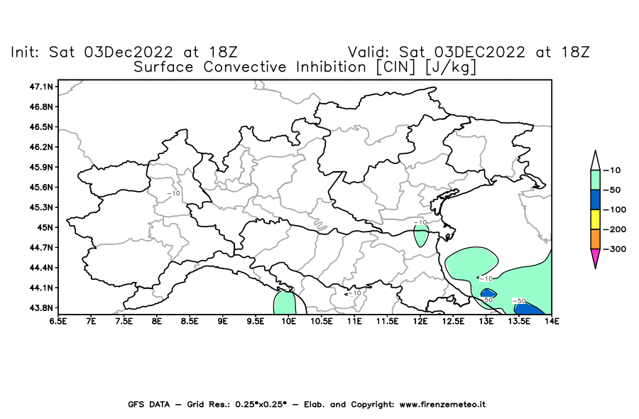 Mappa di analisi GFS - CIN [J/kg] in Nord-Italia
							del 03/12/2022 18 <!--googleoff: index-->UTC<!--googleon: index-->