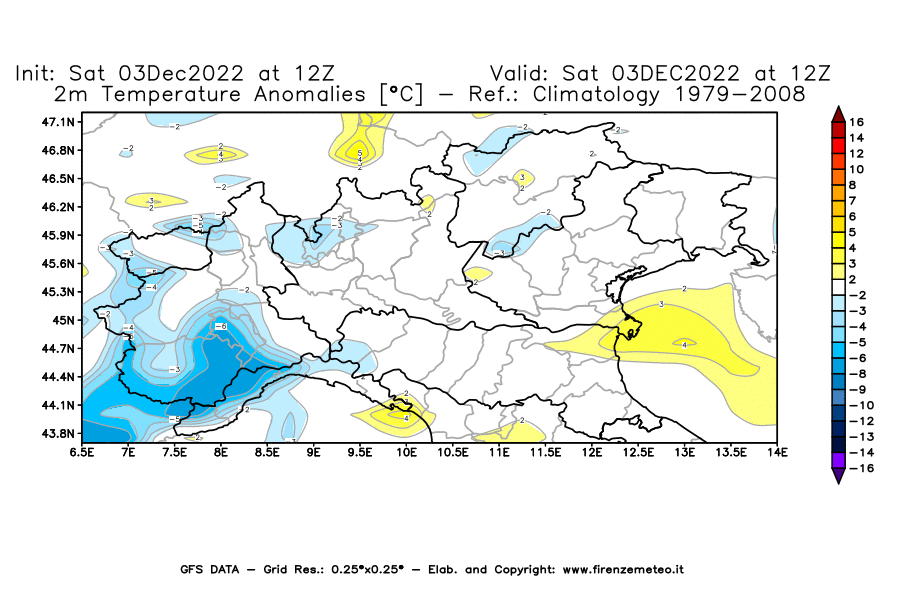 Mappa di analisi GFS - Anomalia Temperatura [°C] a 2 m in Nord-Italia
							del 03/12/2022 12 <!--googleoff: index-->UTC<!--googleon: index-->