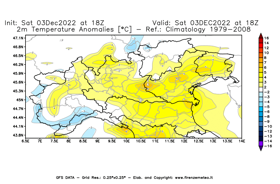Mappa di analisi GFS - Anomalia Temperatura [°C] a 2 m in Nord-Italia
							del 03/12/2022 18 <!--googleoff: index-->UTC<!--googleon: index-->