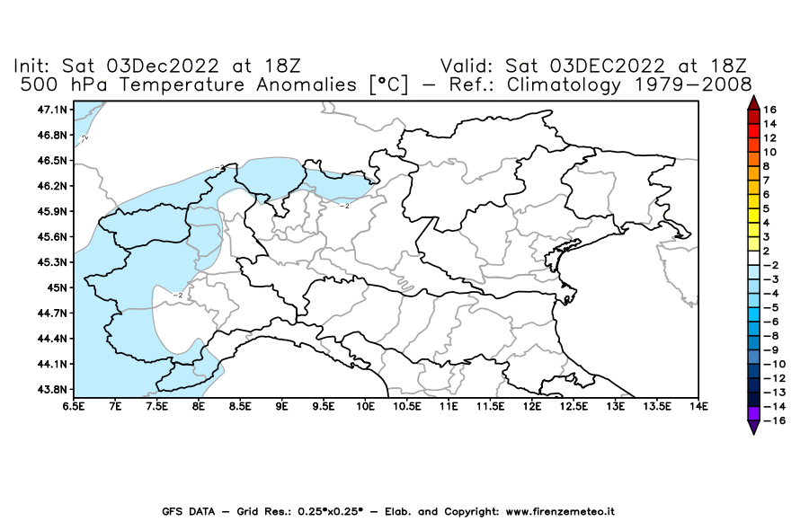 Mappa di analisi GFS - Anomalia Temperatura [°C] a 500 hPa in Nord-Italia
							del 03/12/2022 18 <!--googleoff: index-->UTC<!--googleon: index-->