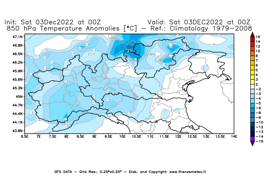 Mappa di analisi GFS - Anomalia Temperatura [°C] a 850 hPa in Nord-Italia
							del 03/12/2022 00 <!--googleoff: index-->UTC<!--googleon: index-->