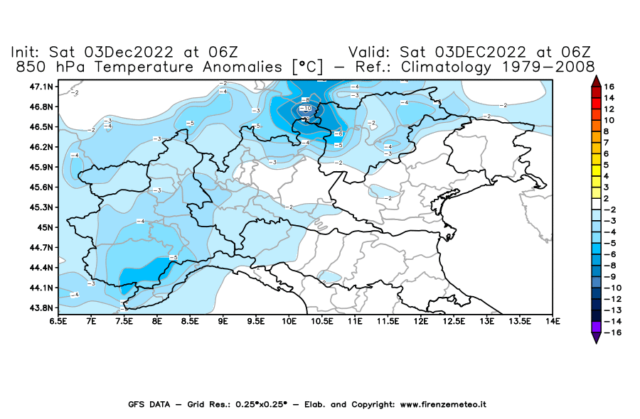 Mappa di analisi GFS - Anomalia Temperatura [°C] a 850 hPa in Nord-Italia
							del 03/12/2022 06 <!--googleoff: index-->UTC<!--googleon: index-->