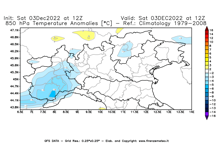 Mappa di analisi GFS - Anomalia Temperatura [°C] a 850 hPa in Nord-Italia
							del 03/12/2022 12 <!--googleoff: index-->UTC<!--googleon: index-->