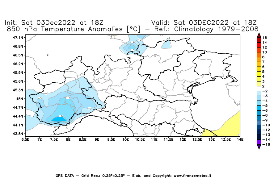 Mappa di analisi GFS - Anomalia Temperatura [°C] a 850 hPa in Nord-Italia
							del 03/12/2022 18 <!--googleoff: index-->UTC<!--googleon: index-->