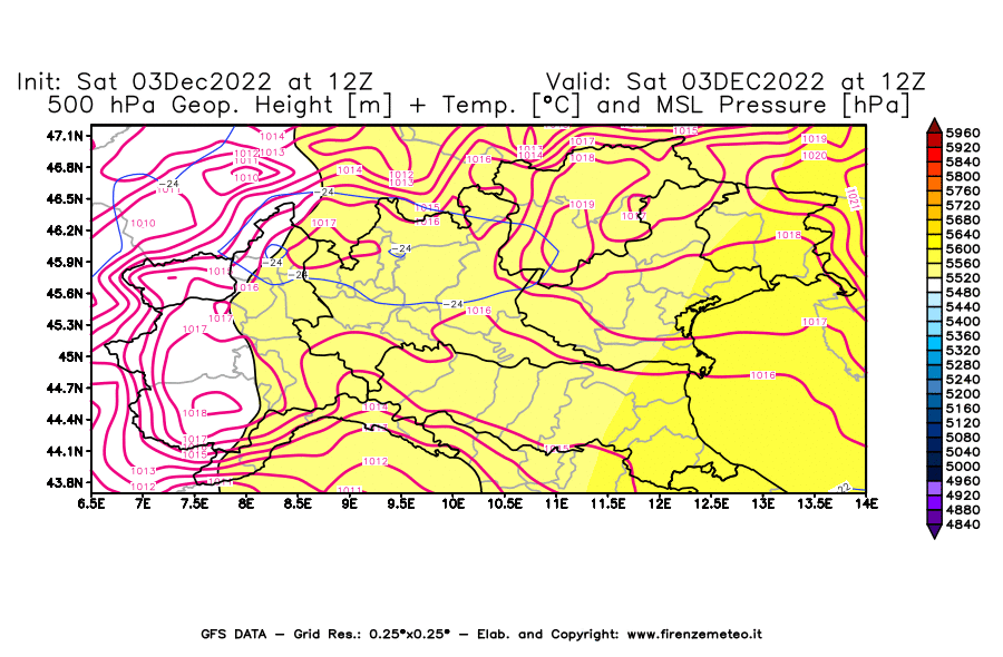 Mappa di analisi GFS - Geopotenziale [m] + Temp. [°C] a 500 hPa + Press. a livello del mare [hPa] in Nord-Italia
							del 03/12/2022 12 <!--googleoff: index-->UTC<!--googleon: index-->