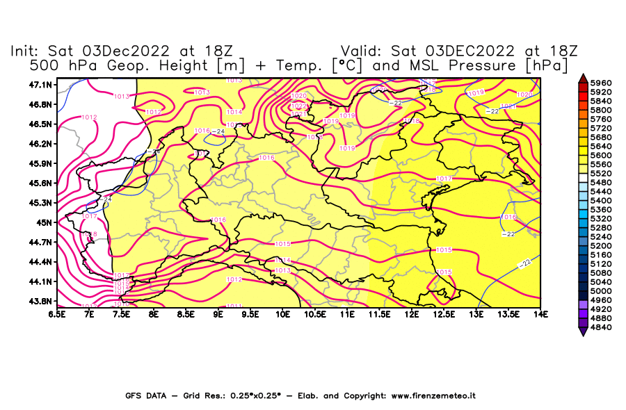Mappa di analisi GFS - Geopotenziale [m] + Temp. [°C] a 500 hPa + Press. a livello del mare [hPa] in Nord-Italia
							del 03/12/2022 18 <!--googleoff: index-->UTC<!--googleon: index-->