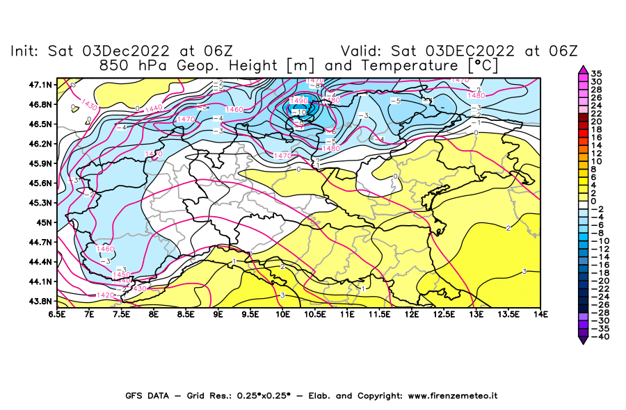 Mappa di analisi GFS - Geopotenziale [m] e Temperatura [°C] a 850 hPa in Nord-Italia
							del 03/12/2022 06 <!--googleoff: index-->UTC<!--googleon: index-->