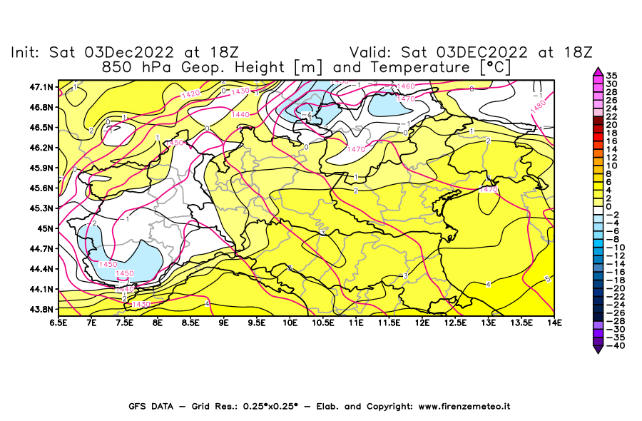 Mappa di analisi GFS - Geopotenziale [m] e Temperatura [°C] a 850 hPa in Nord-Italia
							del 03/12/2022 18 <!--googleoff: index-->UTC<!--googleon: index-->
