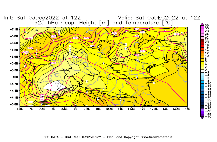 Mappa di analisi GFS - Geopotenziale [m] e Temperatura [°C] a 925 hPa in Nord-Italia
							del 03/12/2022 12 <!--googleoff: index-->UTC<!--googleon: index-->