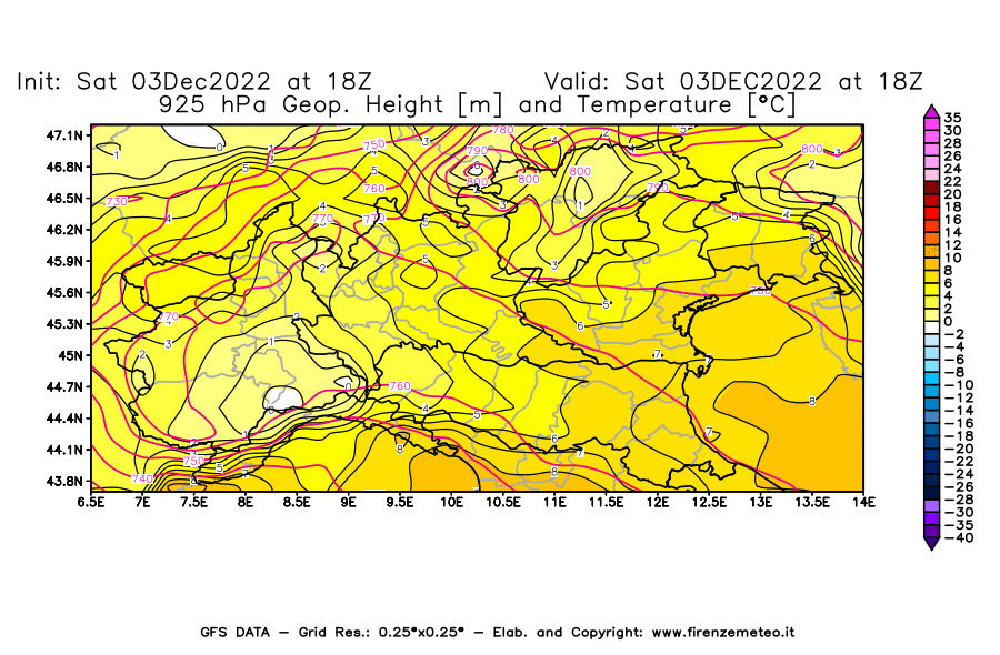 Mappa di analisi GFS - Geopotenziale [m] e Temperatura [°C] a 925 hPa in Nord-Italia
							del 03/12/2022 18 <!--googleoff: index-->UTC<!--googleon: index-->
