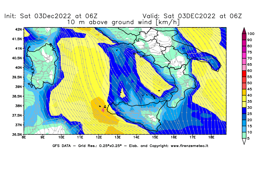 Mappa di analisi GFS - Velocità del vento a 10 metri dal suolo [km/h] in Sud-Italia
							del 03/12/2022 06 <!--googleoff: index-->UTC<!--googleon: index-->