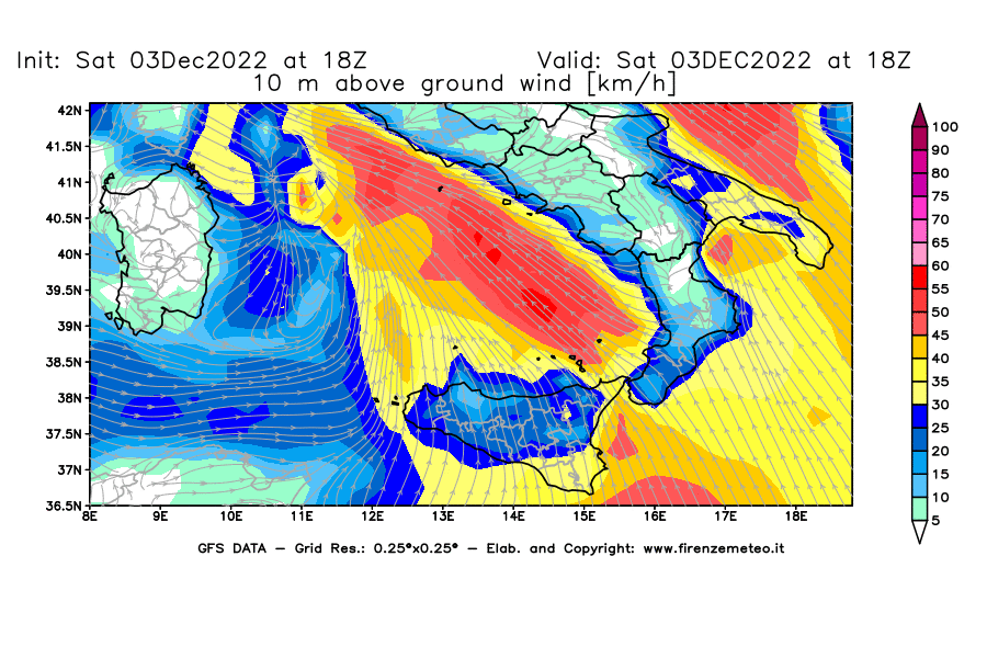 Mappa di analisi GFS - Velocità del vento a 10 metri dal suolo [km/h] in Sud-Italia
							del 03/12/2022 18 <!--googleoff: index-->UTC<!--googleon: index-->