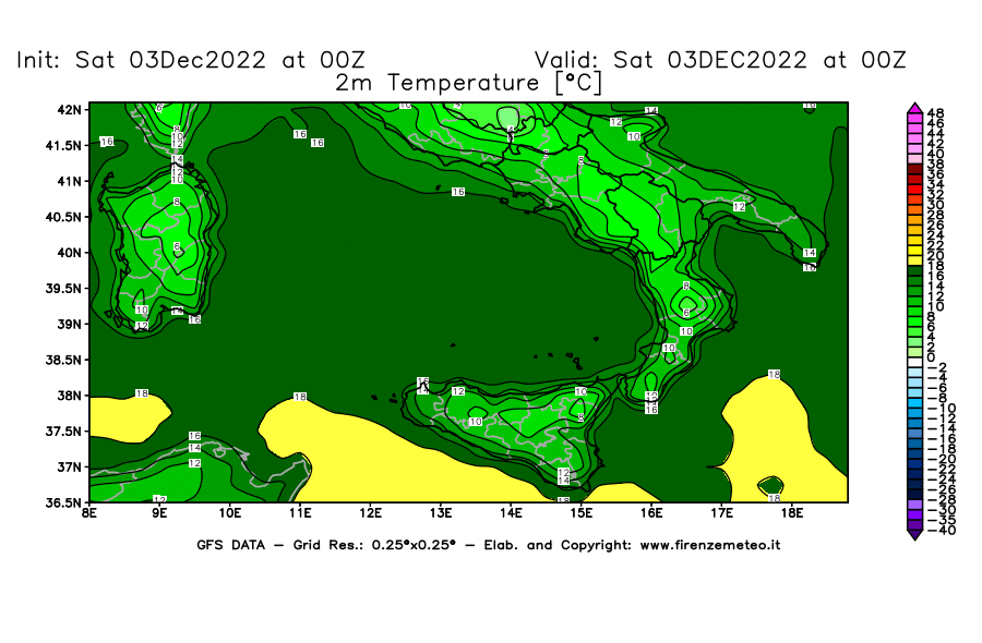 Mappa di analisi GFS - Temperatura a 2 metri dal suolo [°C] in Sud-Italia
							del 03/12/2022 00 <!--googleoff: index-->UTC<!--googleon: index-->