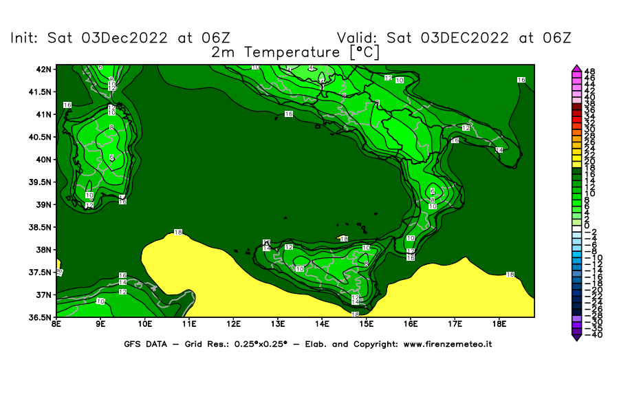 Mappa di analisi GFS - Temperatura a 2 metri dal suolo [°C] in Sud-Italia
							del 03/12/2022 06 <!--googleoff: index-->UTC<!--googleon: index-->