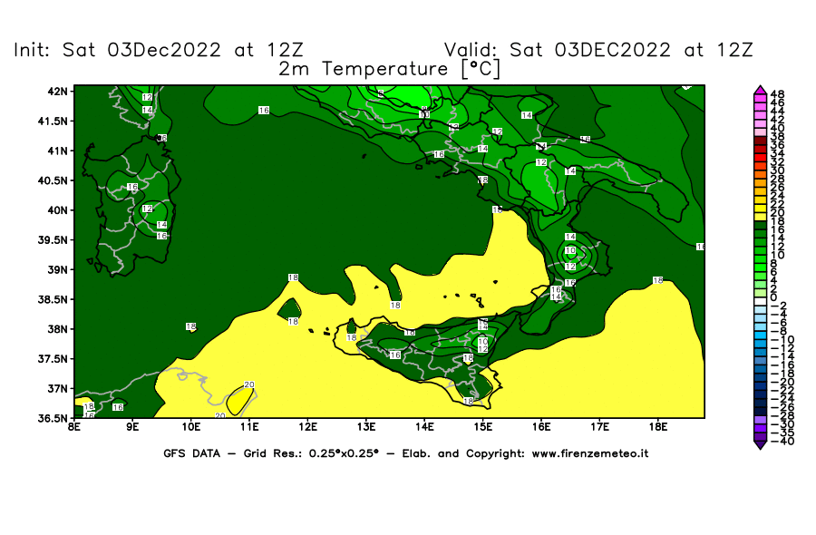 Mappa di analisi GFS - Temperatura a 2 metri dal suolo [°C] in Sud-Italia
							del 03/12/2022 12 <!--googleoff: index-->UTC<!--googleon: index-->