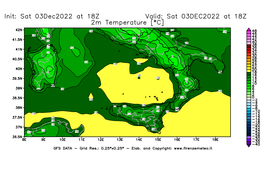 Mappa di analisi GFS - Temperatura a 2 metri dal suolo [°C] in Sud-Italia
							del 03/12/2022 18 <!--googleoff: index-->UTC<!--googleon: index-->