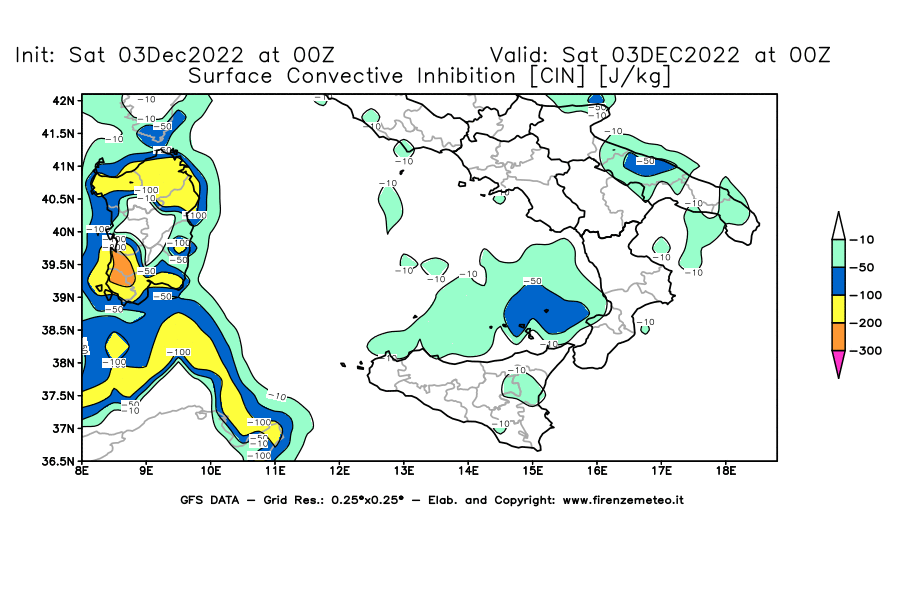 Mappa di analisi GFS - CIN [J/kg] in Sud-Italia
							del 03/12/2022 00 <!--googleoff: index-->UTC<!--googleon: index-->