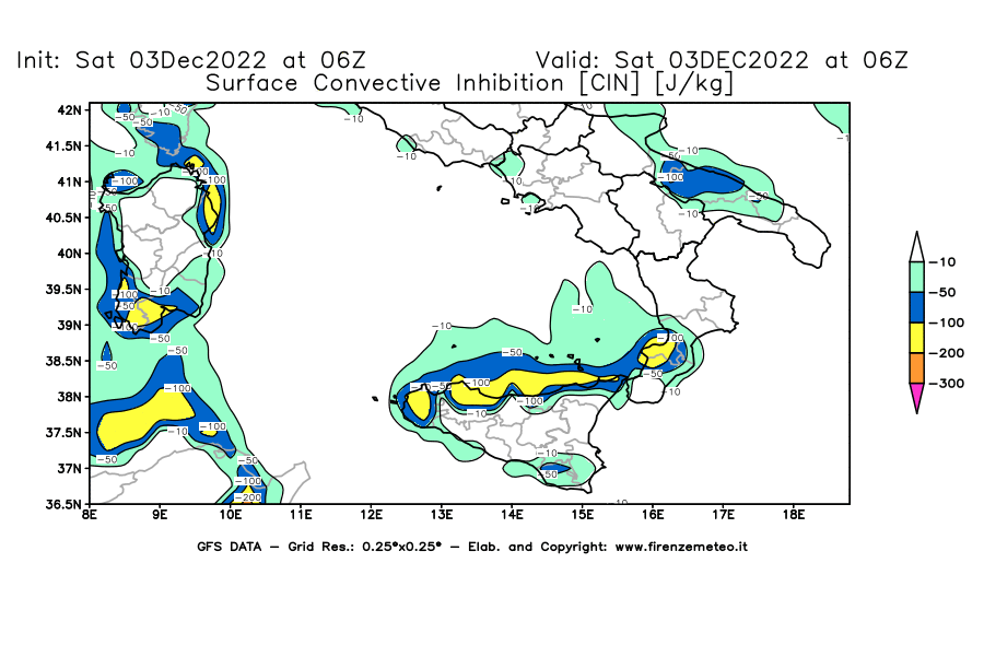 Mappa di analisi GFS - CIN [J/kg] in Sud-Italia
							del 03/12/2022 06 <!--googleoff: index-->UTC<!--googleon: index-->